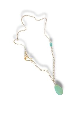 Helen Wang Artisan Gold Tone Necklace w Mint Green Oval Reversible Stone Pendant